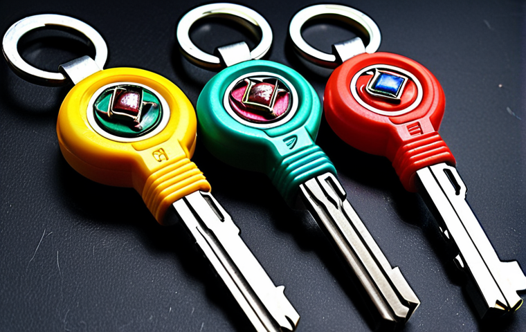 **
A close-up shot of various Ranger Keys from different Power Rangers series, emphasizing vibrant colors and nostalgic appeal. Focus on keys from series popular in Malaysia like Mighty Morphin, Time Force, or Dino Fury.
**