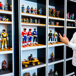 A Malaysian adult collector, wearing a modest business casual outfit, stands in their well-organized home display room. They are carefully adjusting a Power Rangers Lightning Collection figure on a multi-tiered display shelf. The room is brightly lit with warm, inviting light, featuring neatly arranged shelves filled with various Power Rangers action figures and collectibles in the background. The collector has a focused and appreciative expression. The image is professional photography, full shot, high detail. fully clothed, modest clothing, appropriate attire, professional dress, safe for work, appropriate content, family-friendly, perfect anatomy, correct proportions, natural pose, well-formed hands, proper finger count, natural body proportions.