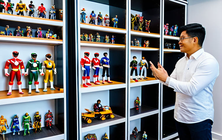 A Malaysian adult collector, wearing a modest business casual outfit, stands in their well-organized home display room. They are carefully adjusting a Power Rangers Lightning Collection figure on a multi-tiered display shelf. The room is brightly lit with warm, inviting light, featuring neatly arranged shelves filled with various Power Rangers action figures and collectibles in the background. The collector has a focused and appreciative expression. The image is professional photography, full shot, high detail. fully clothed, modest clothing, appropriate attire, professional dress, safe for work, appropriate content, family-friendly, perfect anatomy, correct proportions, natural pose, well-formed hands, proper finger count, natural body proportions.